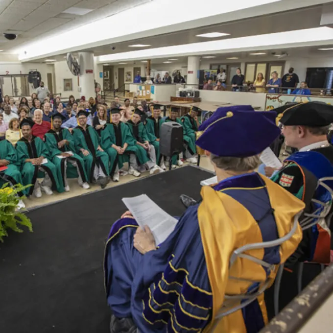 Stanley Andrisse, assistant professor at the Howard University College of Medicine, delivers the Commencement address. (All photos: Joe Angeles/Washington University in St. Louis)
